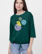 Pierino Tricou uni cu maneca 3 4 din tricot de bumbac cu snur la baza turcoaz inchis cu imprimeu chip stili