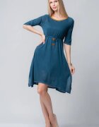 Plissado Rochie albastra din jerse cu floricele din piele pe cordon