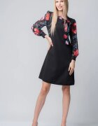 Plissado Rochie eleganta neagra midi cu maneci si guleras din voal inflorat