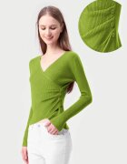 Porta Fortuna Pulover verde oliv cu striatii cu bust petrecut in V si nasturei pe-o parte