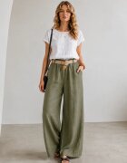 Rosa 99 Pantaloni dama lejeri din in cu talie elastica si curea kaki