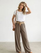 Rosa 99 Pantaloni dama lejeri din tencel cu talie elastica si curea bej inchis