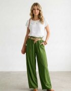 Rosa 99 Pantaloni dama lejeri din tencel cu talie elastica si curea verde olive