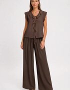 Rosa 99 Pantaloni dama palazzo din vascoza cu talie elastica si curea maro
