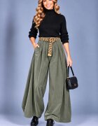 Rosa 99 Pantaloni palazzo din catifea reiata de bumbac cu pliuri ample si curea inclusa kaki
