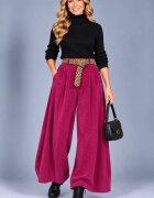 Rosa 99 Pantaloni palazzo din catifea reiata de bumbac cu pliuri ample si curea inclusa magenta
