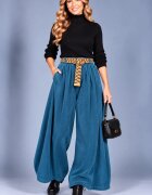 Rosa 99 Pantaloni palazzo din catifea reiata de bumbac cu pliuri ample si curea inclusa turcoaz