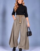 Rosa 99 Pantaloni palazzo din catifea reiata de bumbac cu pliuri ample si curea inclusabej inchis
