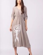 Rosa 99 Rochie din vascoza bej cu elastic sub bust si imprimeu