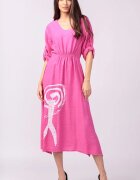Rosa 99 Rochie din vascoza fucsia cu elastic sub bust si imprimeu