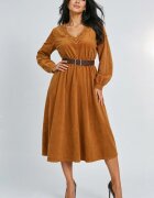 Rosa 99 Rochie midi din catifea reiata de bumbac cu dantela si curea camel