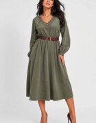 Rosa 99 Rochie midi din catifea reiata de bumbac cu dantela si curea kaki