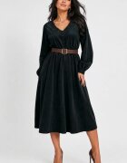 Rosa 99 Rochie midi din catifea reiata de bumbac cu dantela si curea neagra