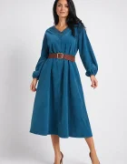 Rosa 99 Rochie midi din catifea reiata de bumbac cu dantela si curea turcoaz