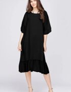 Rosa 99 Rochie midi din in neagra cu volane din matase si funda pe spate
