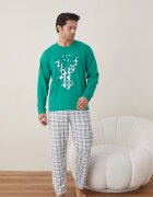 Serena Pijama barbati de Craciun din bumbac doua piese cu renul lui Mos Craciun pe verde