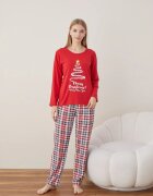 Serena Pijama de Craciun din bumbac doua piese cu bradul lui Mos Craciun pe rosu