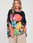 Shopika Bluza ampla din satin de matase si vascoza cu imprimeu floral pictural - negru multicolor