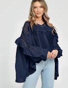 Shopika Bluza boho oversize din batist de bumbac in colturi cu volan si dantela bleumarin