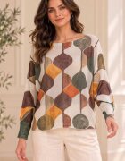 Shopika Bluza cu maneca fluture si imprimeu geometric abstract bej