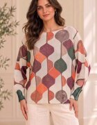 Shopika Bluza cu maneca fluture si imprimeu geometric abstract bordo bej portocaliu