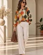 Shopika Bluza cu maneca fluture si imprimeu geometric abstract galben verde
