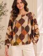Shopika Bluza cu maneca fluture si imprimeu geometric abstract maro