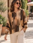 Shopika Bluza cu maneca fluture si imprimeu pictural pensulat nuante de bej