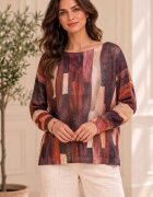 Shopika Bluza cu maneca fluture si imprimeu pictural pensulat nuante de maro
