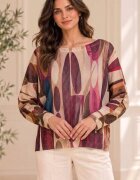 Shopika Bluza cu maneca fluture si imprimeuimprimeu artistic nuante bordo bej