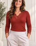 Shopika Bluza dama cu dantela eleganta la decolteu si maneci bluza fina cu casmir caramizie
