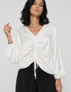 Shopika Bluza dama eleganta din satin de matase si vascoza cu fronseu reglabil - alb ivoire