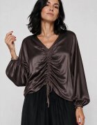 Shopika Bluza dama eleganta din satin de matase si vascoza cu fronseu reglabil - maro