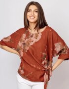 Shopika Bluza din in cu imprimeu floral watercolor si prindere laterala fond caramiziu