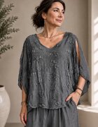Shopika Bluza din matase si vascoza cu broderie pe fata si decolteu in V gri