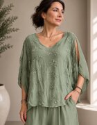 Shopika Bluza din matase si vascoza cu broderie pe fata si decolteu in V verde salvie