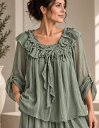Shopika Bluza din matase si vascoza cu volan si dantela aplicata verde salvie usor prespalat
