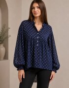Shopika Bluza lejera cu buline albe pe fond bleumarin din matase cu vascoza