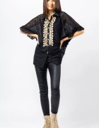 Shopika Bluza neagra eleganta din dantela cu aplicatie aurie