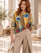 Shopika Bluza tricotaj subtire cu imprimeu cubist pe fond galben mustar