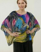 Shopika Bluza vaporoasa tip poncho din matase croi oversized cu print lalele stilizate fond bleumarin
