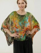 Shopika Bluza vaporoasa tip poncho din matase croi oversized cu print pictural multicolor verde olive