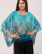 Shopika Bluza vaporoasa tip poncho din matase croi oversized cu print pictural multicolora pe fond turcoaz