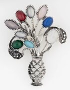 Shopika Brosa metalica argintie vaza cu flori multicolore