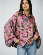 Shopika Camasa din satin oversize cu maneci bufante si imprimeu abstract fucsia