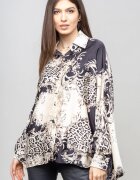 Shopika Camasa din satin oversize cu maneci bufante si imprimeu floral bej-negru