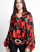 Shopika Camasa din satin oversize cu maneci bufante si imprimeu flori rosii pe fond negru
