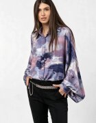 Shopika Camasa din satin oversize cu maneci bufante si imprimeu pictural lila mov