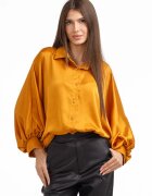Shopika Camasa eleganta din satin cu maneci bufante galben mustar