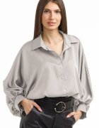 Shopika Camasa eleganta din satin cu maneci bufante gri deschis